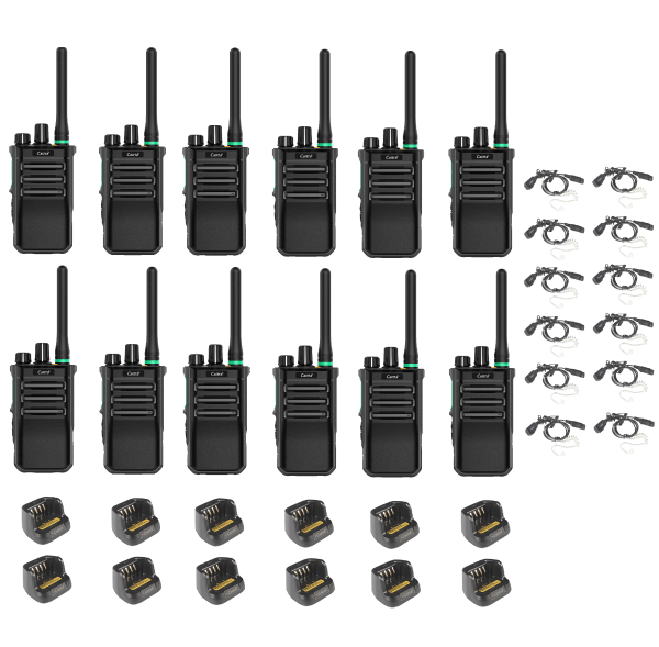 Set van 12 Caltta PH600 UHF DMR 400-470Mhz portofoons met beveiligingsoortjes en enkelvoudige laders | PH600