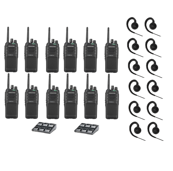 Set van 12 Kenwood ProTalk TK-3701D licentievrije PMR446-portofoons met C-ring oortjes en 2 multiladers