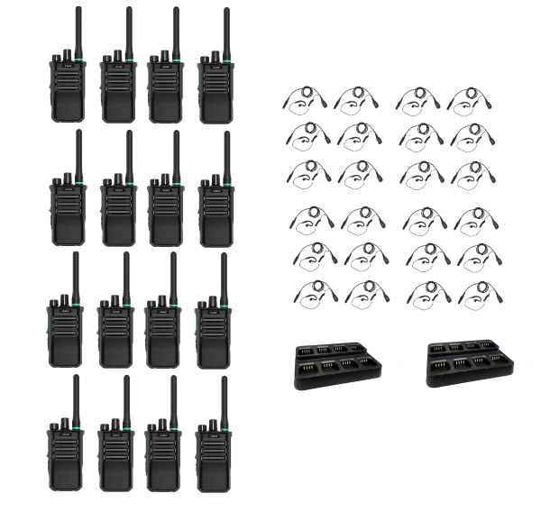 Set van 16 Caltta PH600 UHF DMR 400-470Mhz portofoons met C-ring oortje en multi laders | PH600