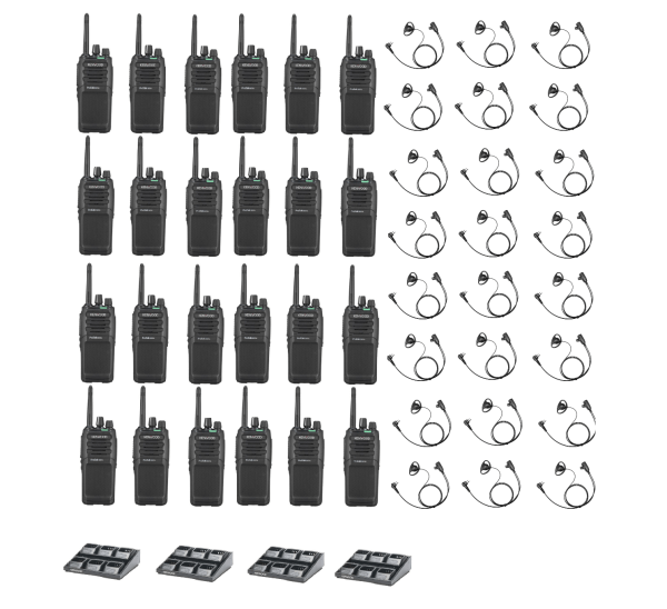 Set van 24 Kenwood ProTalk TK-3701D licentievrije PMR446-portofoons met D-vorm oortjes en multiladers