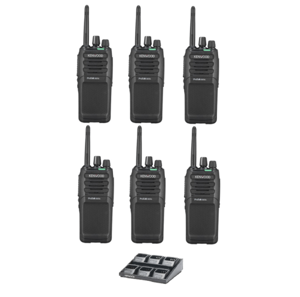 Set van 6 Kenwood ProTalk TK-3701D licentievrije PMR446-portofoons met multilader