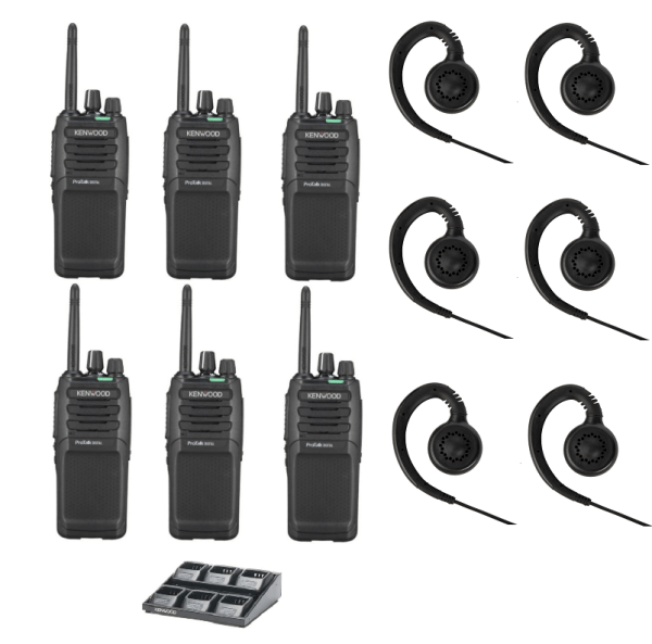 Set van 6 Kenwood ProTalk TK-3701D licentievrije PMR446-portofoons met C-ring oortjes en multilader