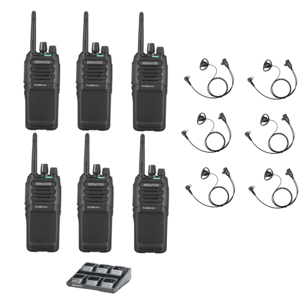 Set van 6 Kenwood ProTalkTK-3701D licentievrije PMR446-portofoons met D-vorm oortjes en multilader
