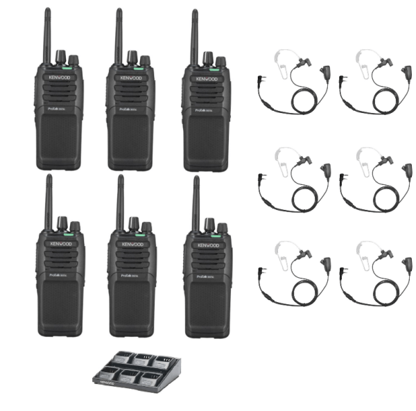 Set van 6 Kenwood ProTalk TK-3701D licentievrije PMR446-portofoons met beveiligingsoortjes en multilader
