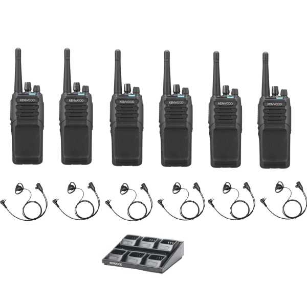 Set van 6 Kenwood NX1300DE3 DMR UHF  403-470 MHz inclusief multilader en beveiligingsoortjes D-vorm | NX1300DE3