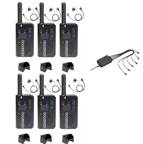 Set van 6 Kenwood PKT-23E vergunningsvrij met laders en D-vorm oortjes en multilader adapter KSC44 | PKT-23