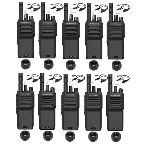 Set van 10 Motorola R2 UHF analoge portofoons inclusief laders en beveiligingsoortjes | R2
