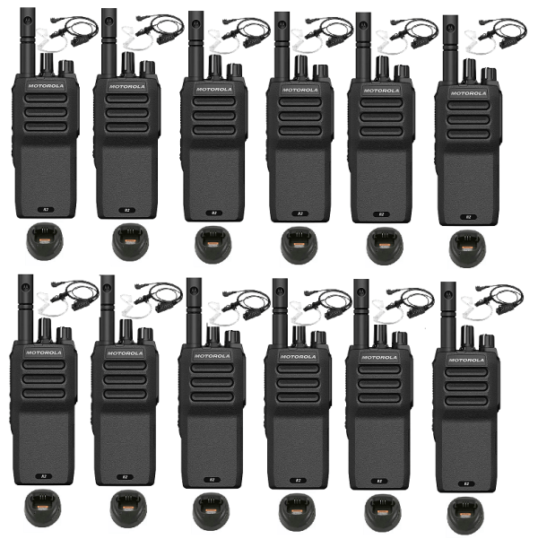 Set van 12 Motorola R2 UHF digitale portofoons inclusief laders en beveiligingsoortjes | R2