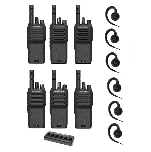 Set van 6 Motorola R2 UHF analoge portofoons inclusief multilader en C-ring oortjes | R2