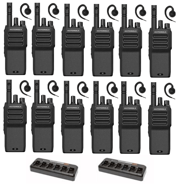 Set van 12 Motorola R2 UHF analoge portofoons inclusief multiladers en C-ring oortjes | R2
