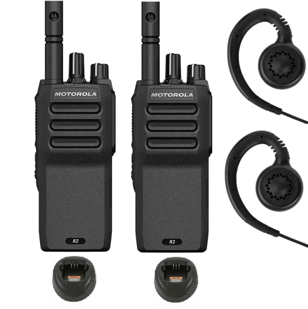 Set van 2 Motorola R2 UHF analoge portofoons inclusief laders en C-ring oortjes | R2
