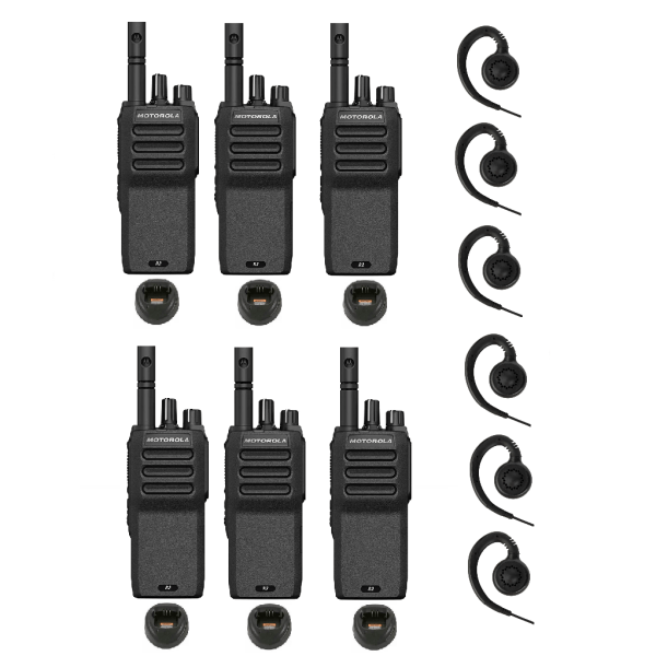 Set van 6 Motorola R2 UHF analoge portofoons inclusief laders en C-ring oortjes | R2