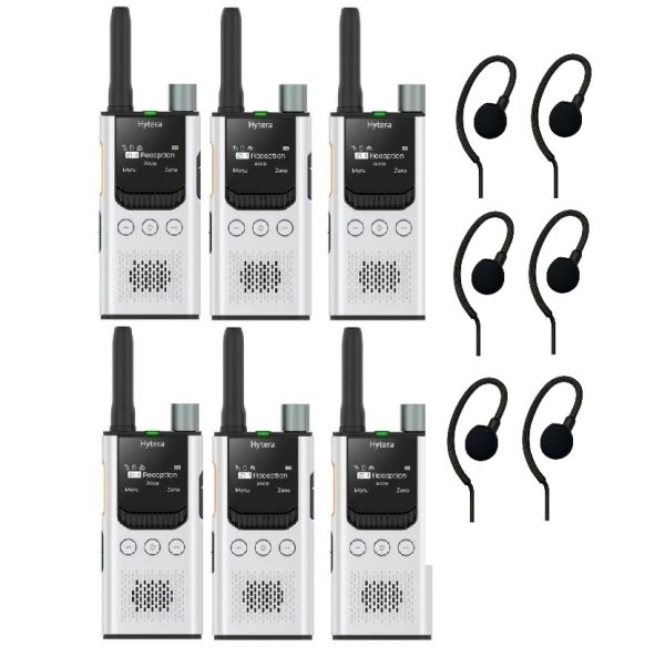 Set van 6 Hytera S1 PRO licentievrije 446-portofoons met C-ring oortjes | S1 PRO wit