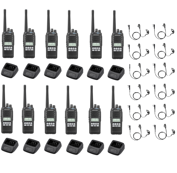 Set van 12 Kenwood NX1300DE2 DMR UHF 403-470 MHz inclusief lader en beveiligingsoortje C-ring | NX1300DE2