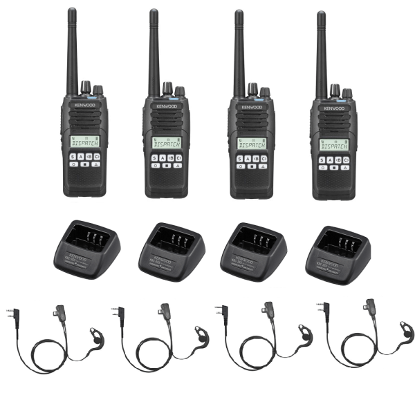 Set van 4 Kenwood NX1300DE2 DMR UHF 403-470 MHz inclusief lader en beveiligingsoortje C-ring | NX1300DE2