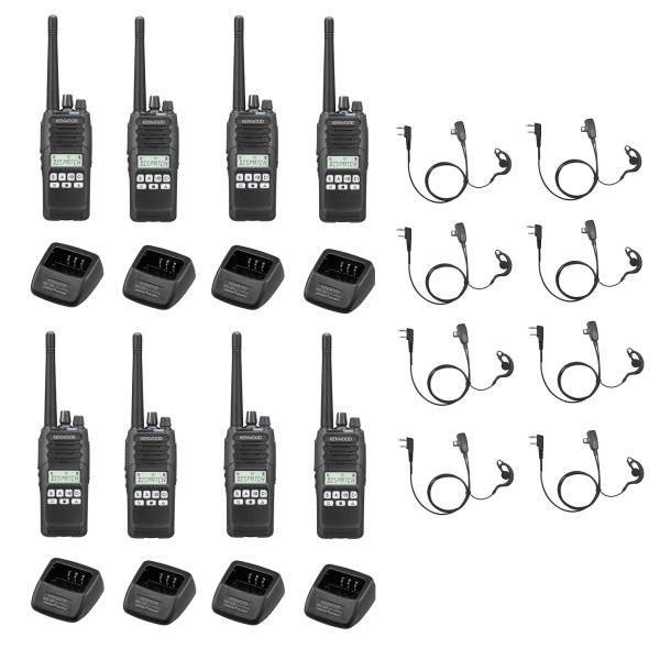 Set van 8 Kenwood NX1300DE2 DMR UHF 403-470 MHz inclusief lader en beveiligingsoortje C-ring | NX1300DE2